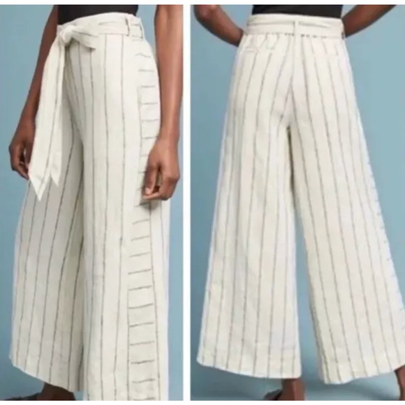 Anthropologie Pants - Anthropologie Portia Striped Linen Wide Leg Cropped Pant Size Medium with Belt